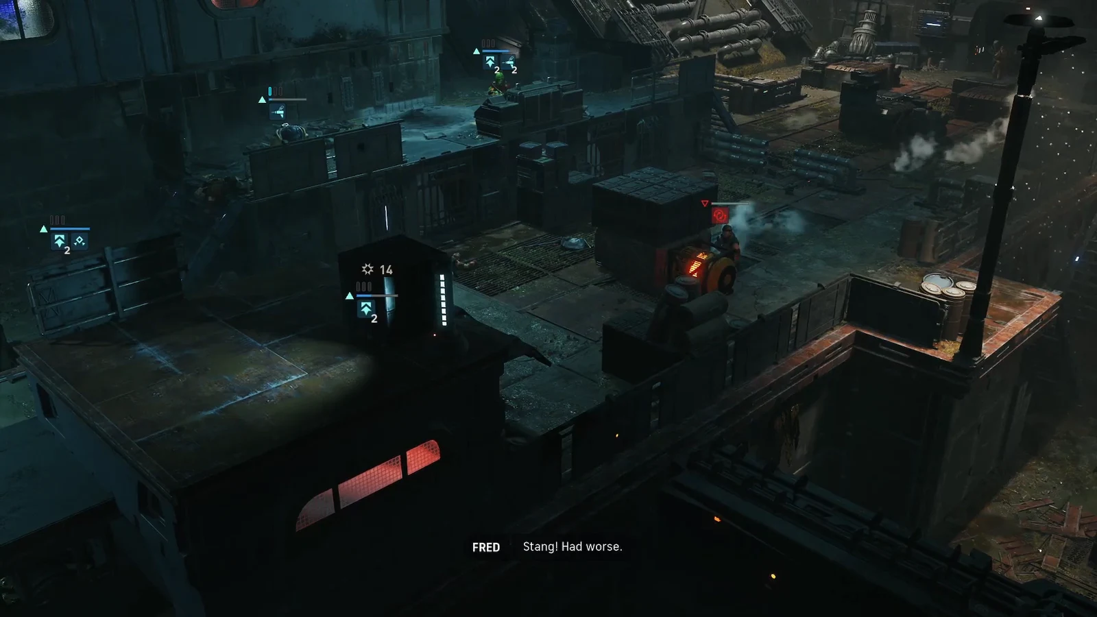 A red-highlighted Slugrat targeted while squad members hold cover across the industrial docks