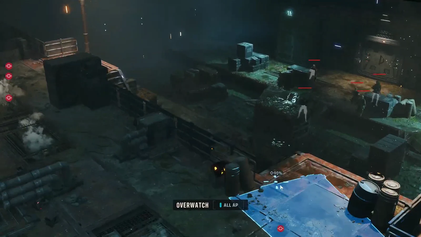 The Overwatch command selected with all AP, projecting a blue firing cone over several enemies