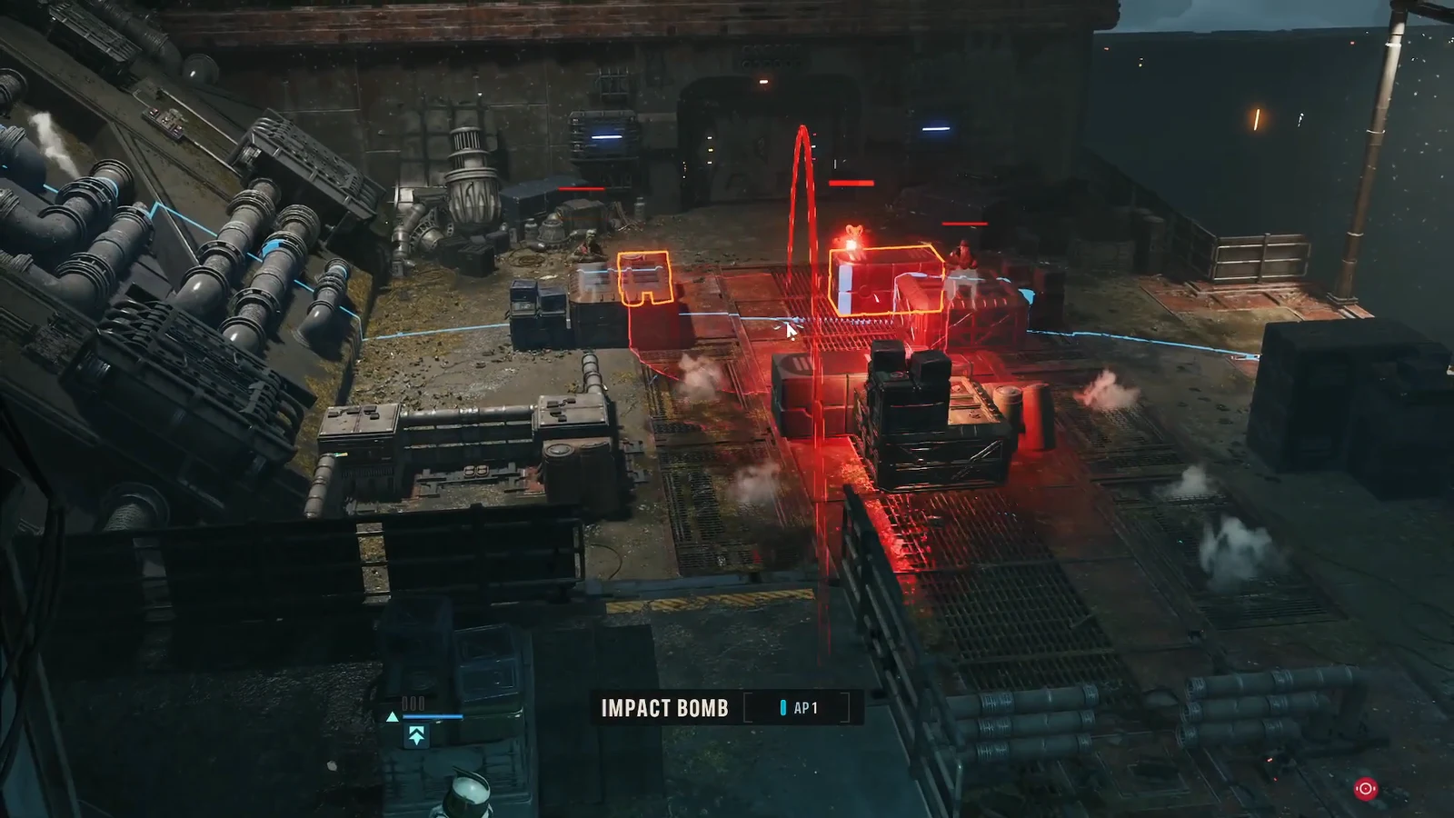 Impact Bomb selected with a red blast preview placed over a cluster of enemies and cover