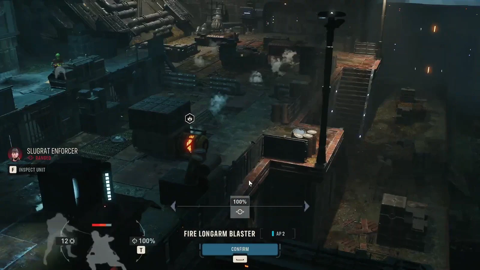 Targeting a Slugrat Enforcer with the Fire Longarm Blaster attack confirmation on screen