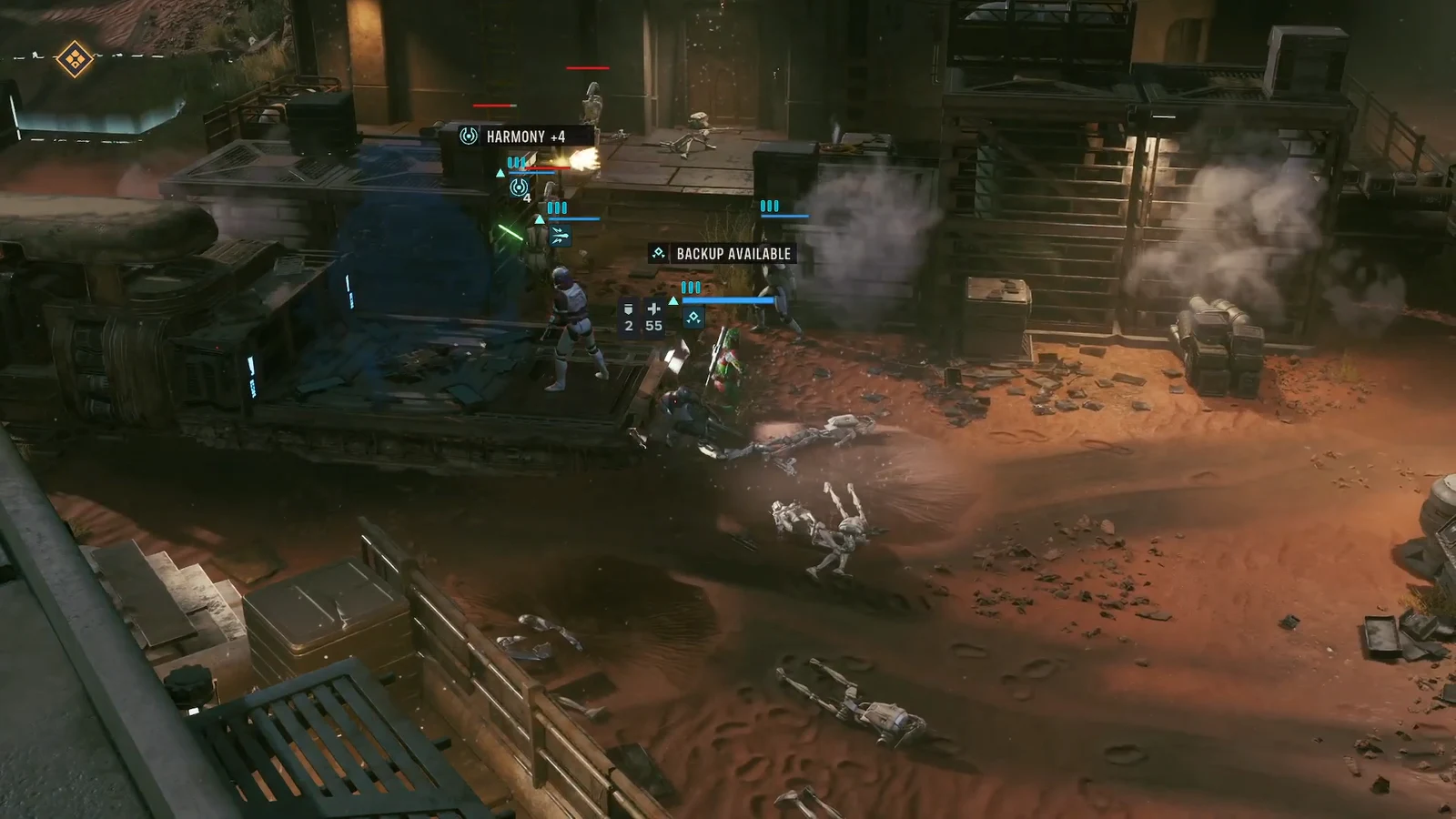 Combat HUD showing BACKUP AVAILABLE as the squad pushes through droids in a sandy industrial area