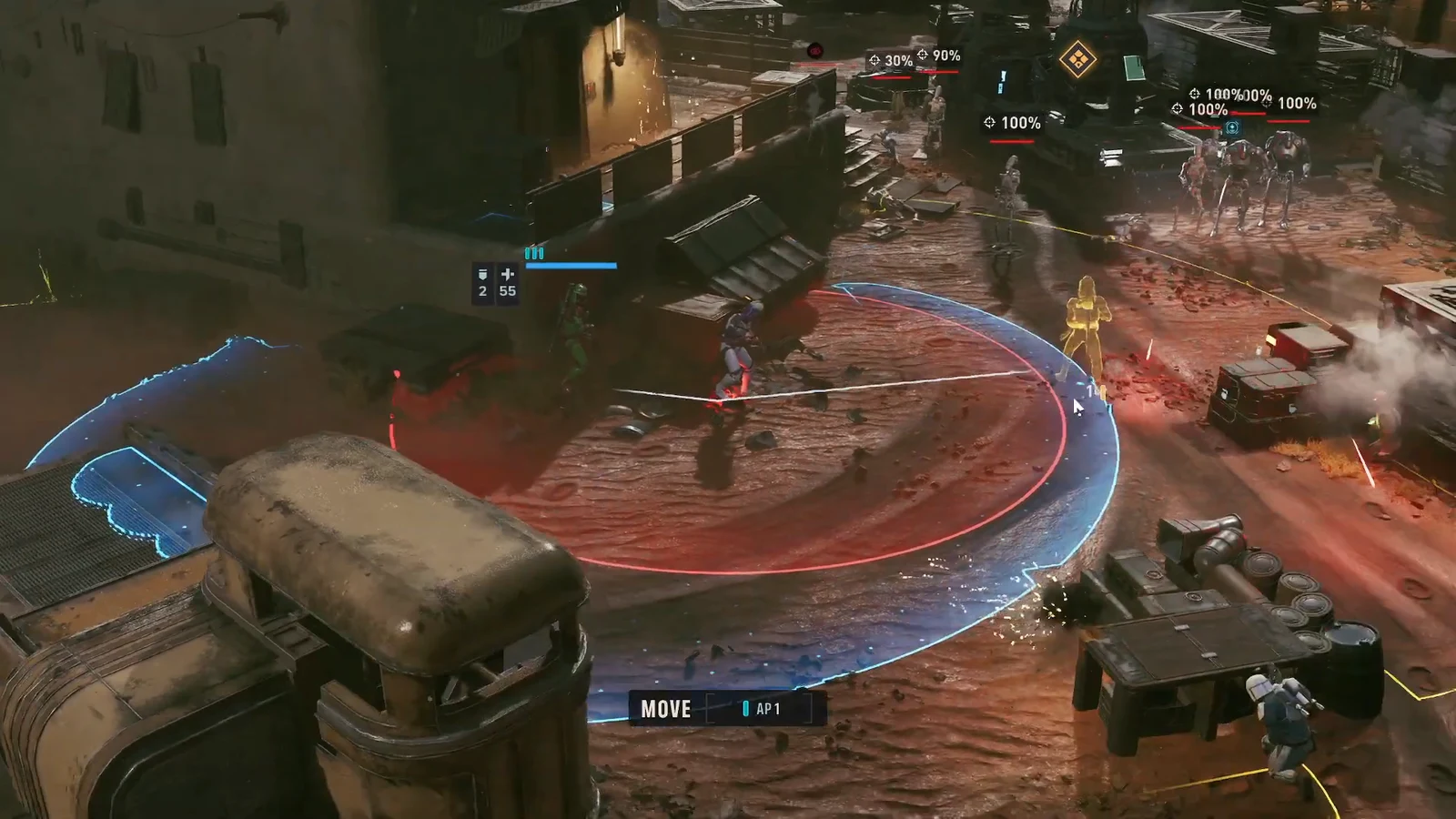 Movement range shown in blue around a selected operator with the MOVE action costing 1 AP
