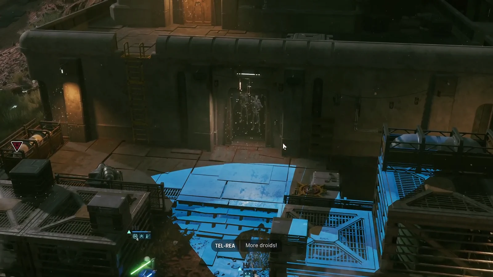 A blue traversal path leads an operator toward a building entrance as droids appear ahead