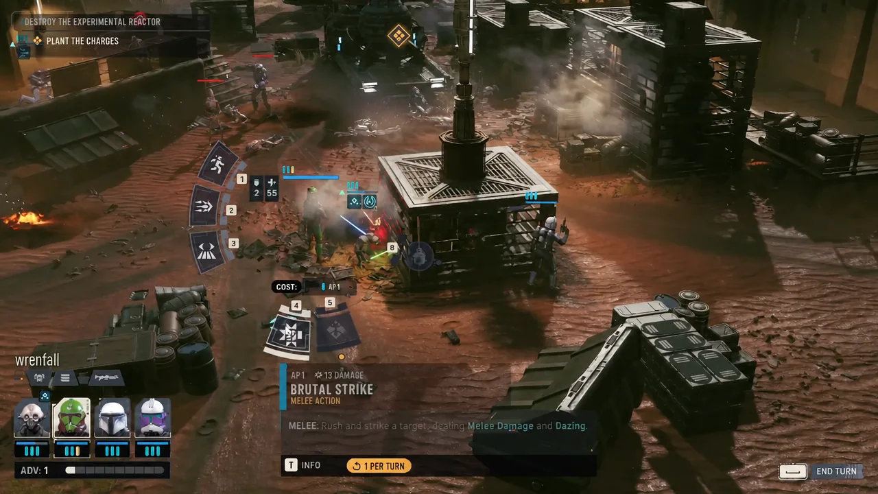 The BRUTAL STRIKE melee option highlighted while targeting a droid in tactical combat
