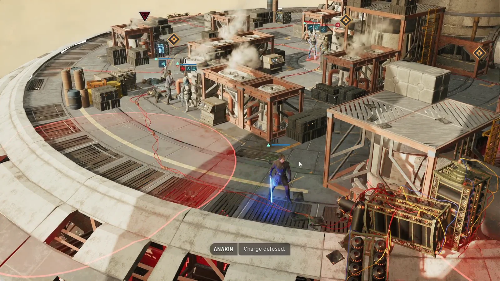 Charge defused message on screen with an operator standing inside the objective area