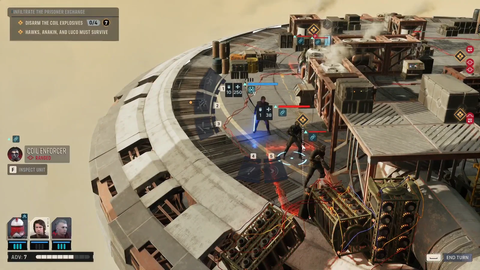 Combat screen highlighting a ranged Coil Enforcer as operators move around the explosive zones