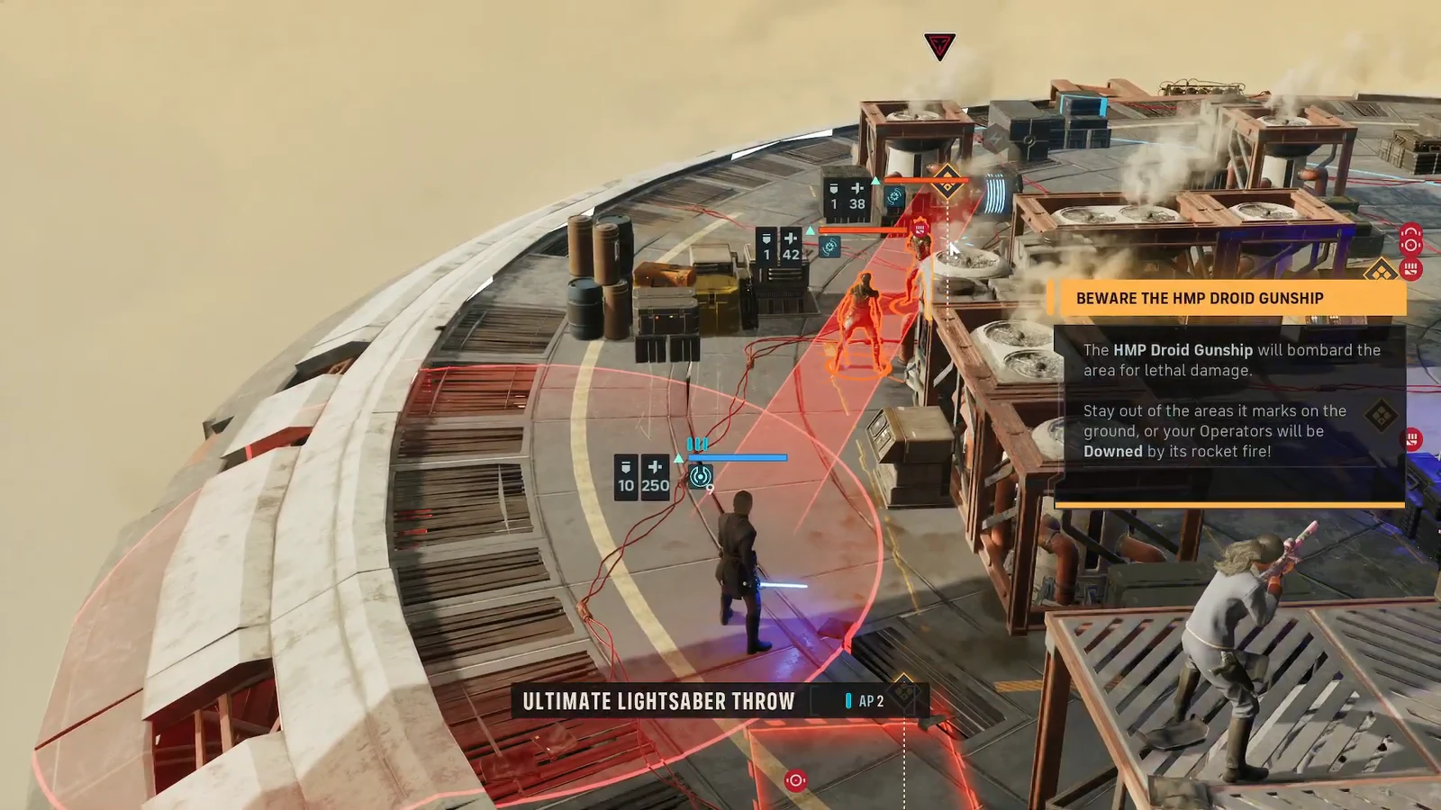 Ultimate Lightsaber Throw selected while red bombardment zones cover the battlefield