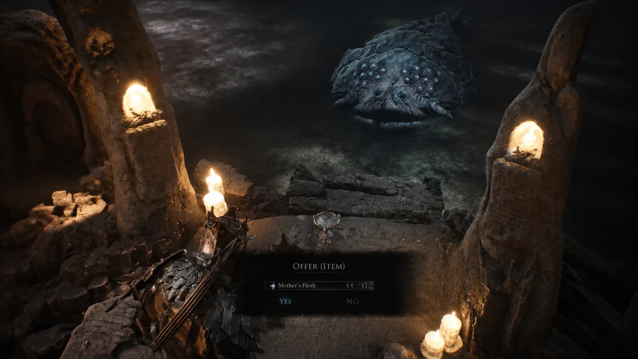 Offer item prompt with Mether's Flesh selected and yes or no confirmation