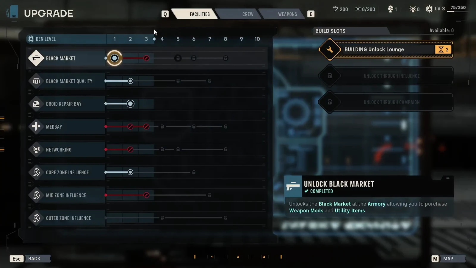 Facilities upgrade screen showing a Building Unlock Lounge slot in progress next to a completed Black Market unlock