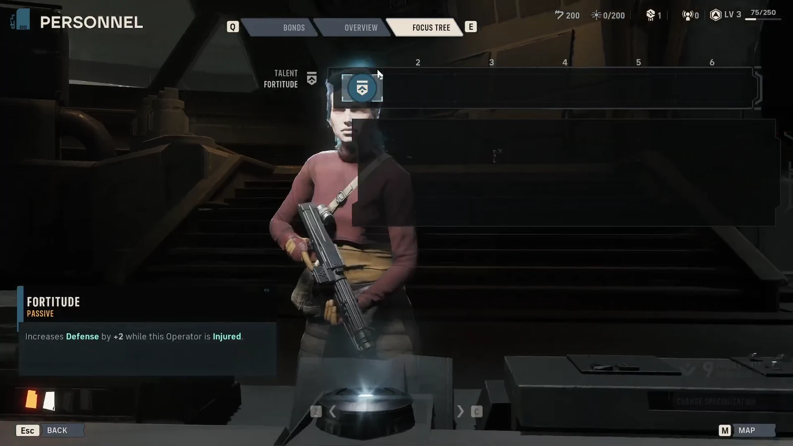 Focus Tree screen with the Fortitude talent selected, showing its passive Defense bonus while injured