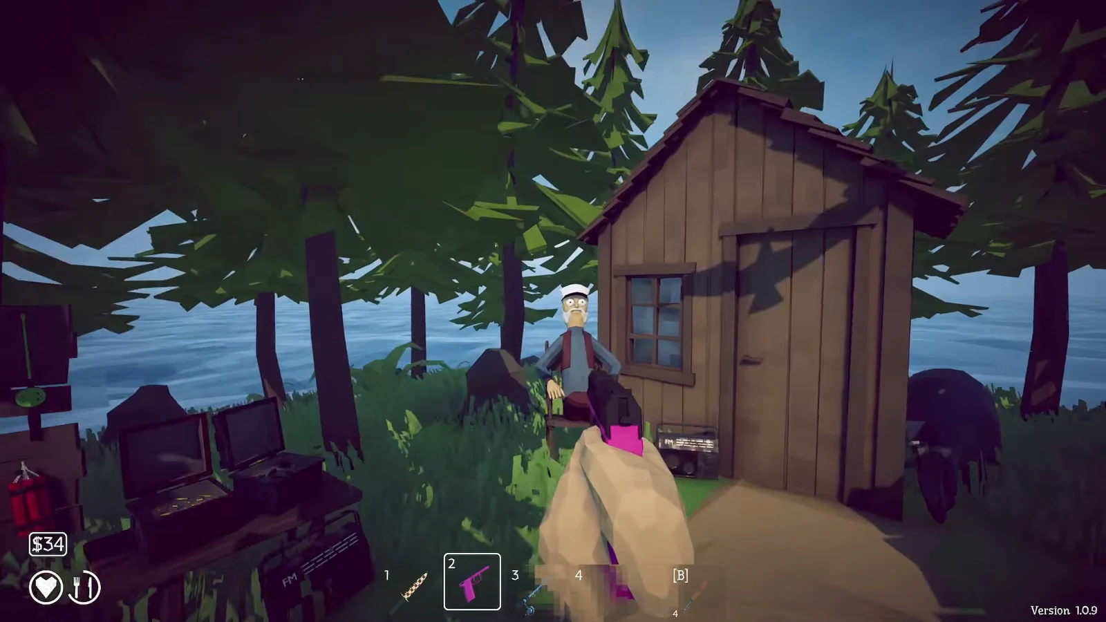 First-person view near the wooden cabin with a pistol equipped, facing a seated character on the second island