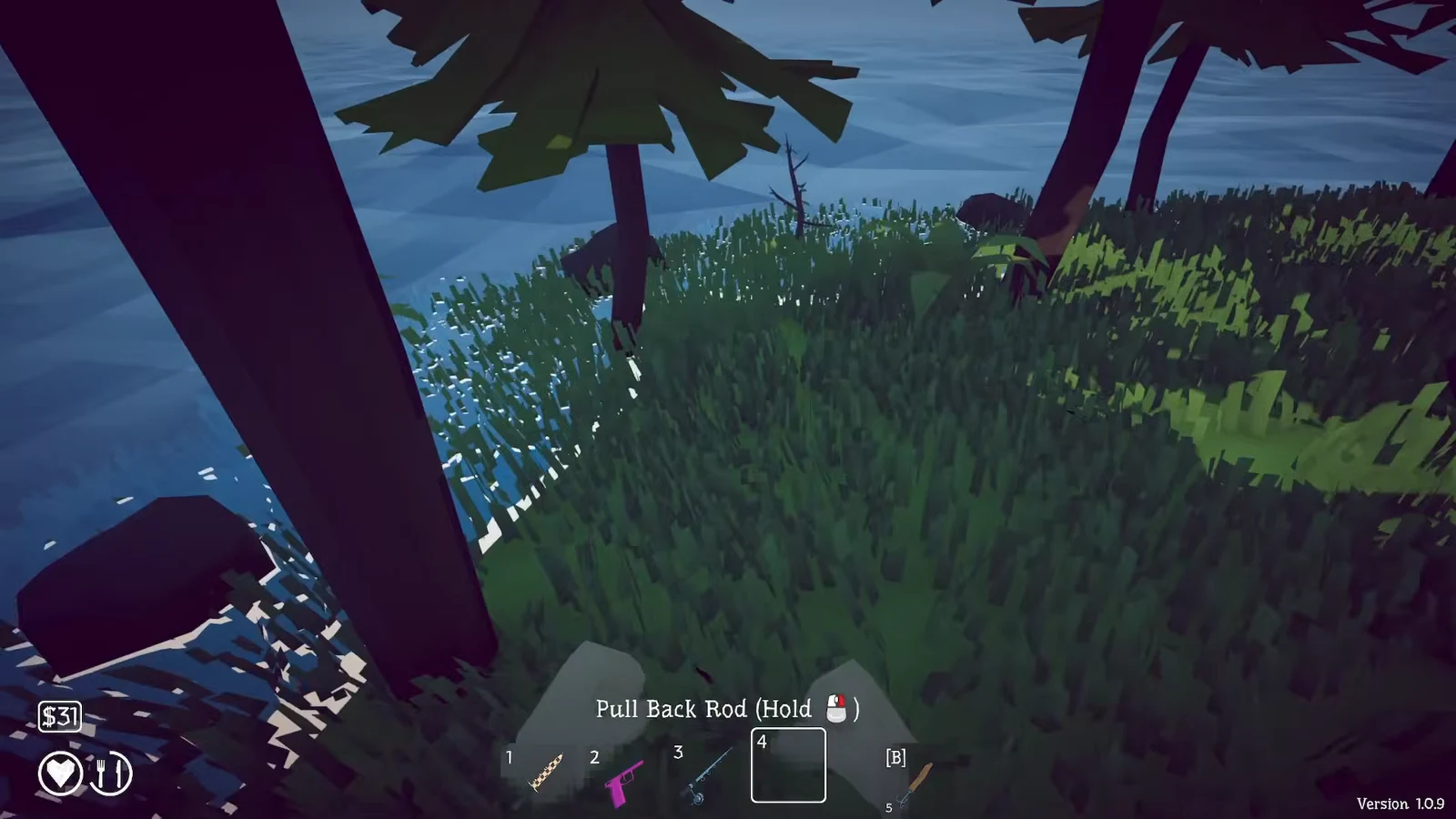 Fishing screen showing the Pull Back Rod prompt while reeling in a hooked fish near the shore