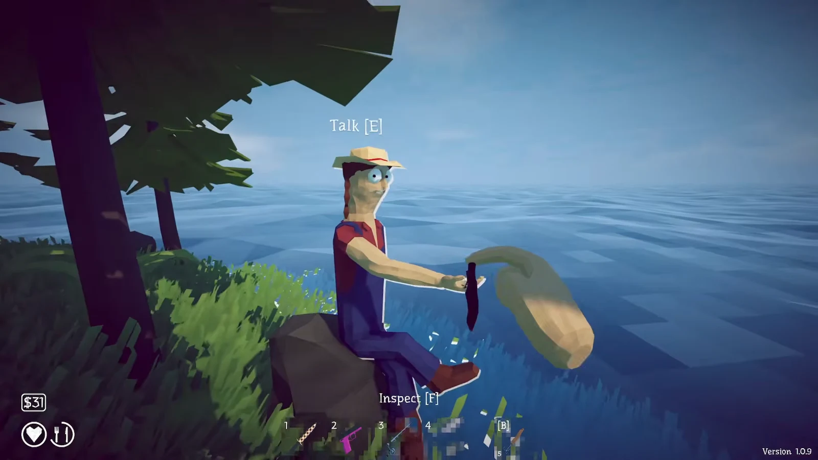 Talk and Inspect prompts on screen while interacting with the lakeside character to trade leeches