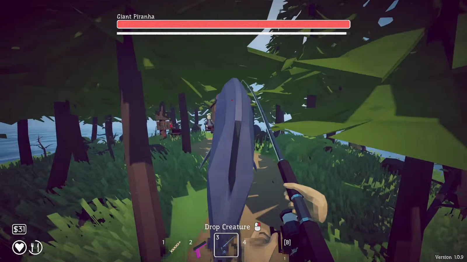 Giant Piranha health bar on screen with the Drop Creature prompt active during the boss fight