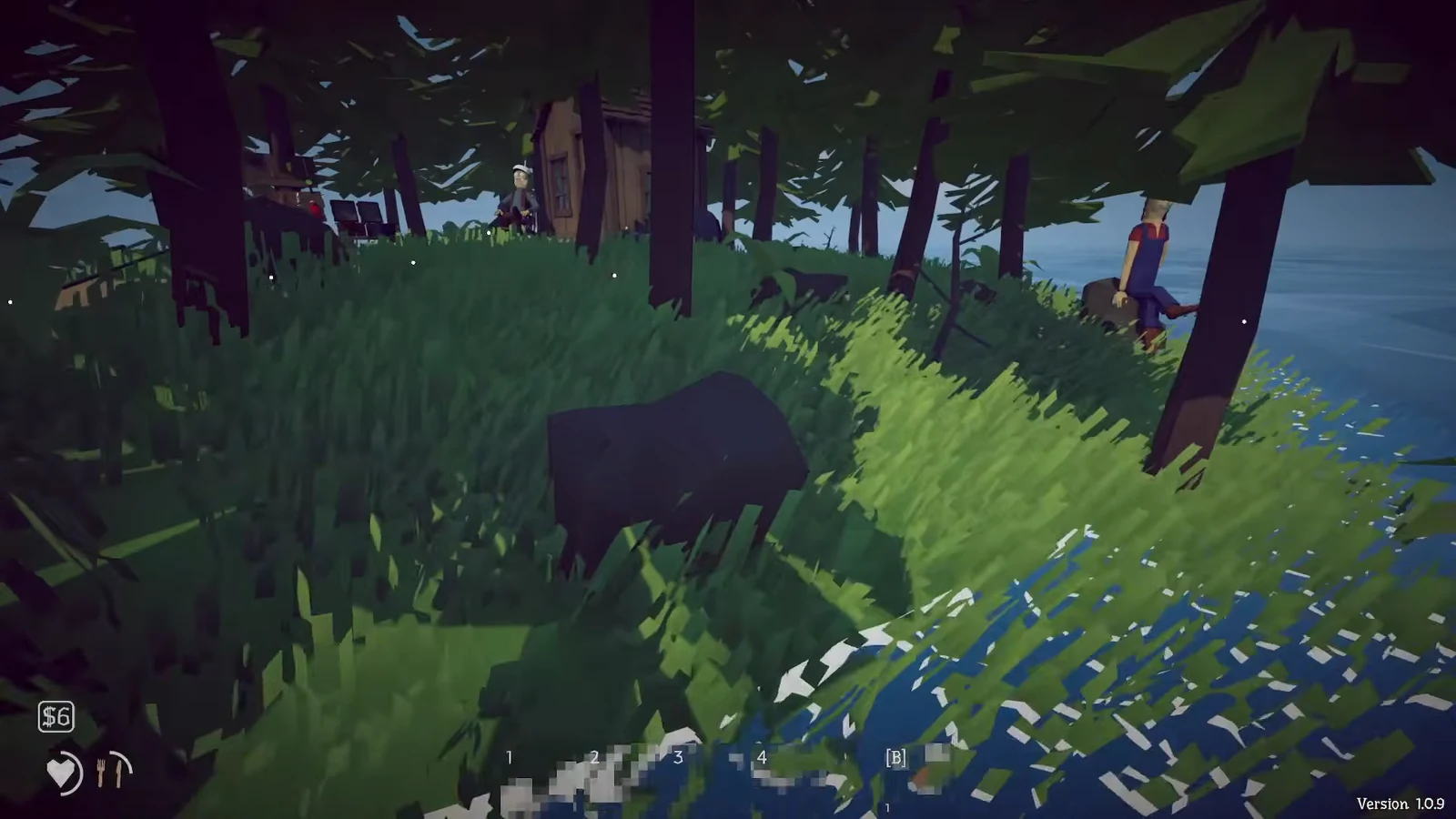 Player walking across the grassy island toward two characters by the cabin with the inventory hotbar visible