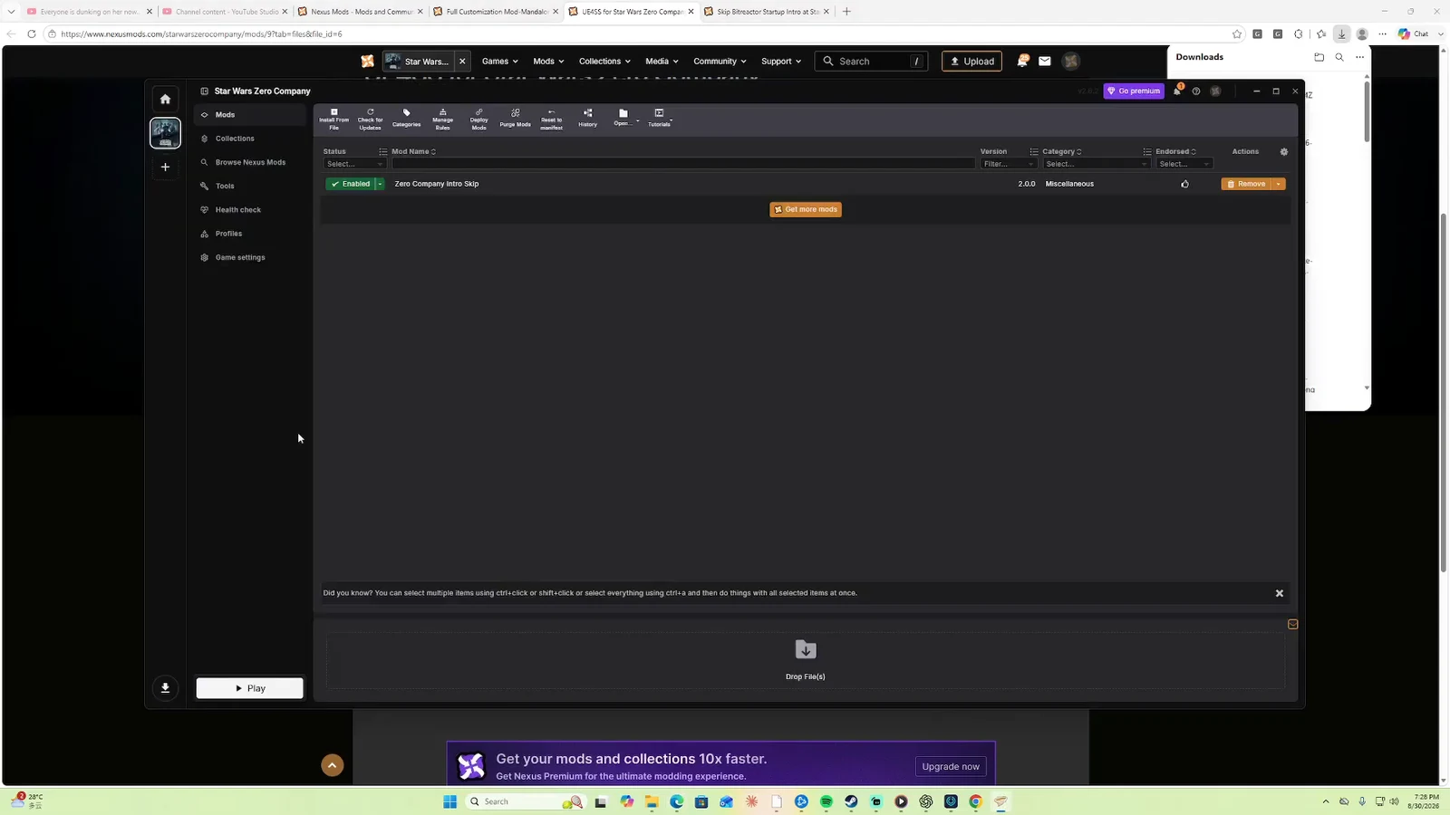 Vortex mod list showing Zero Company Intro Skip with its status set to Enabled
