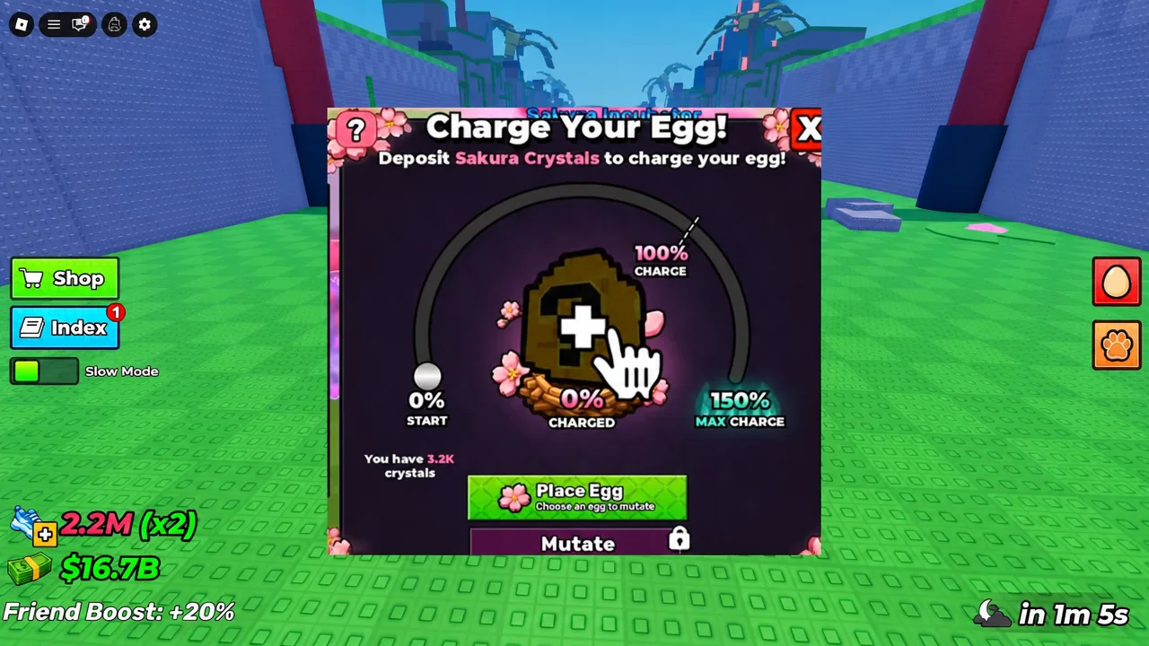 The Charge Your Egg panel with the plus button used to spend Sakura Crystals