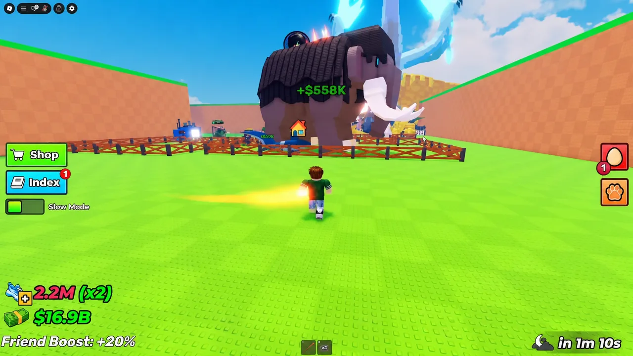 Player running past the Shop button toward a giant pet in a fenced base pen