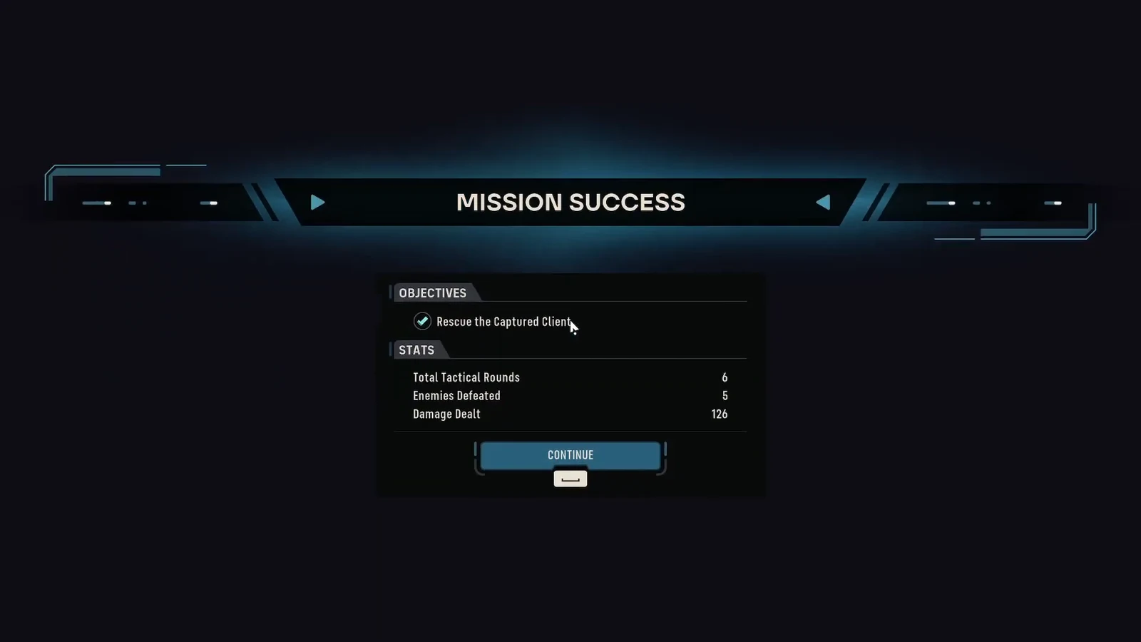 Mission Success screen showing a completed rescue objective and end-of-mission statistics