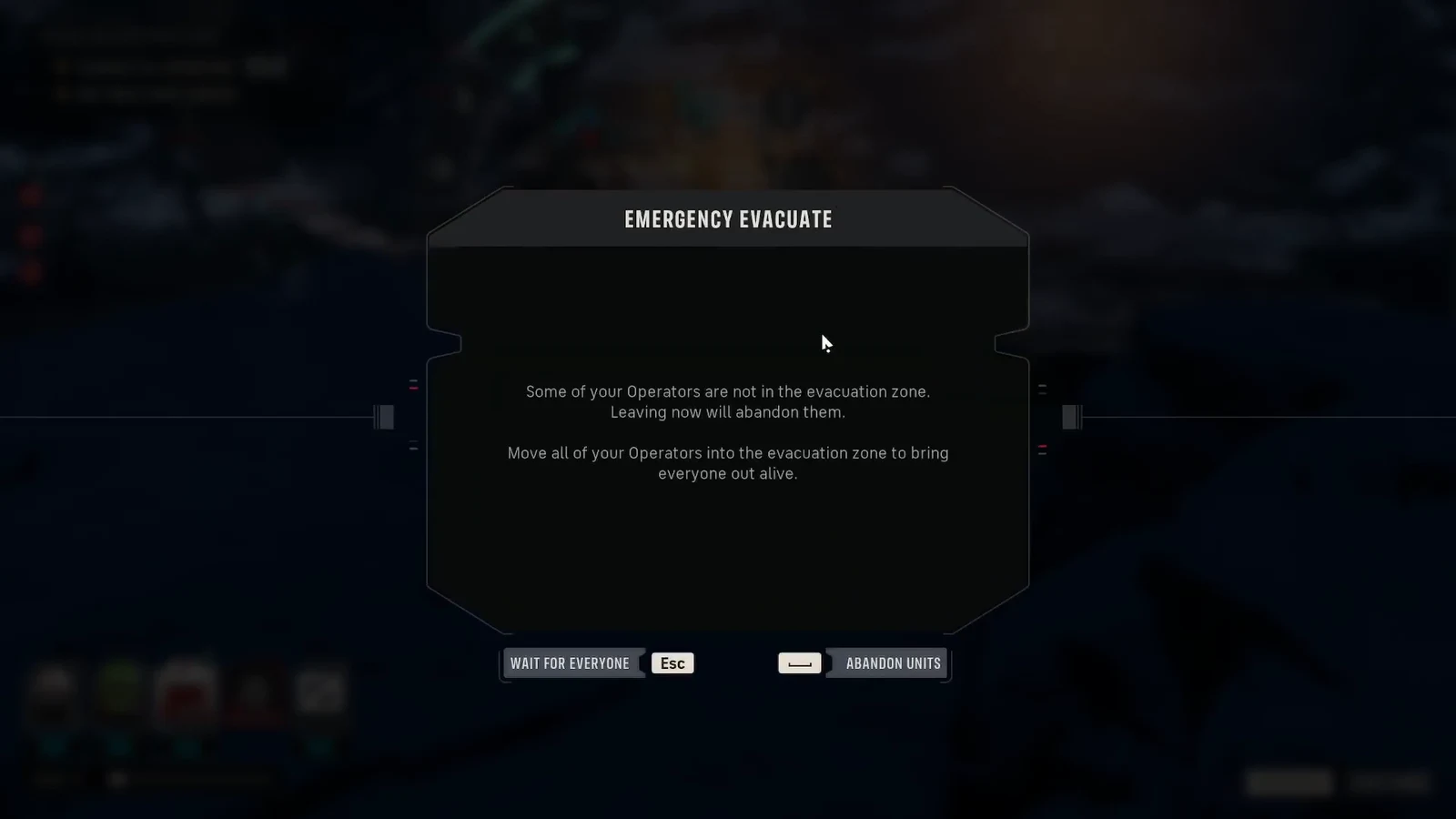 Emergency Evacuate confirmation window with Wait for Everyone and Abandon Units options