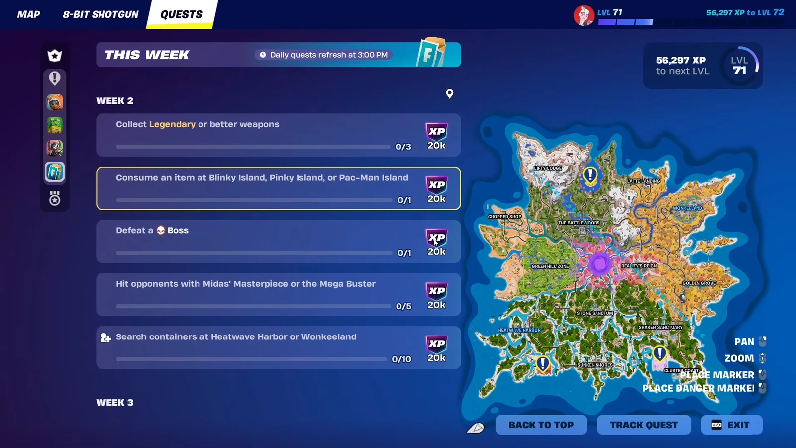 Quests screen highlighting the consume an item at Blinky, Pinky, or Pac-Man Island objective selected for tracking