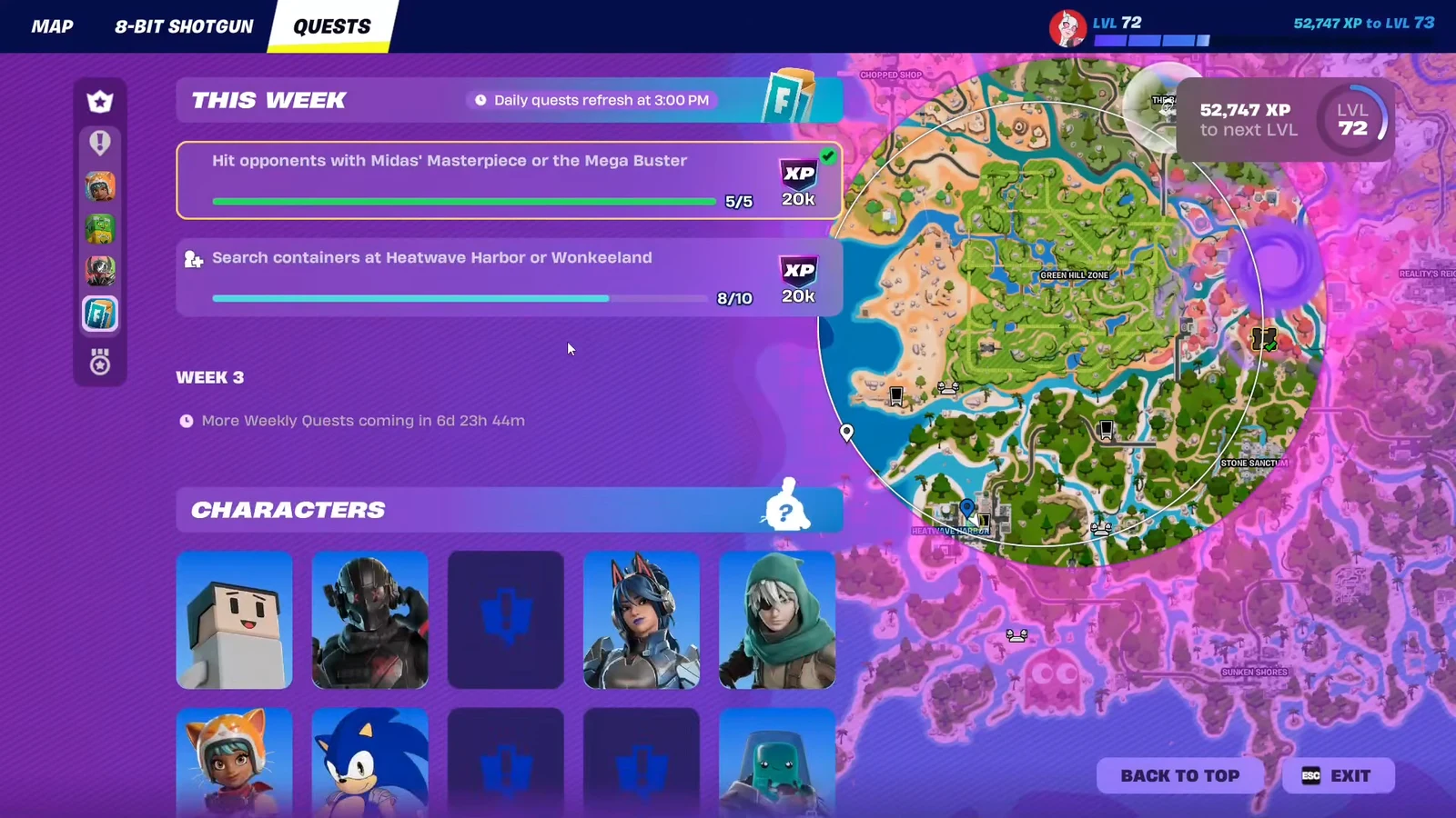 This Week Quests tab showing the hit opponents with Midas' Masterpiece or the Mega Buster objective completed at 5/5
