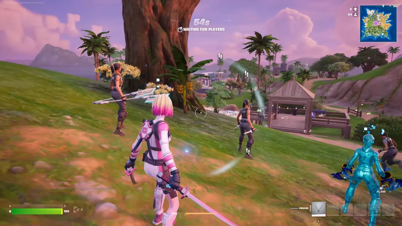 Fortnite pre-match island showing WAITING FOR PLAYERS while a player holds a Common Pickaxe