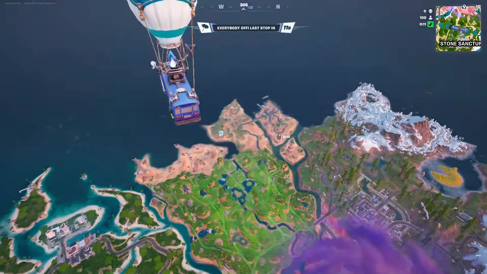 Fortnite Battle Bus view with the Everybody off, last stop in 11s prompt before players jump