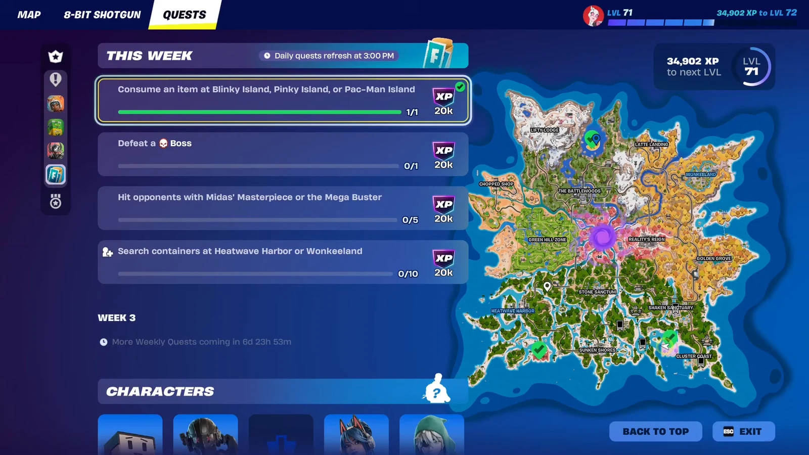 Quests menu showing the consume an item quest completed at 1/1 with a 20K XP reward