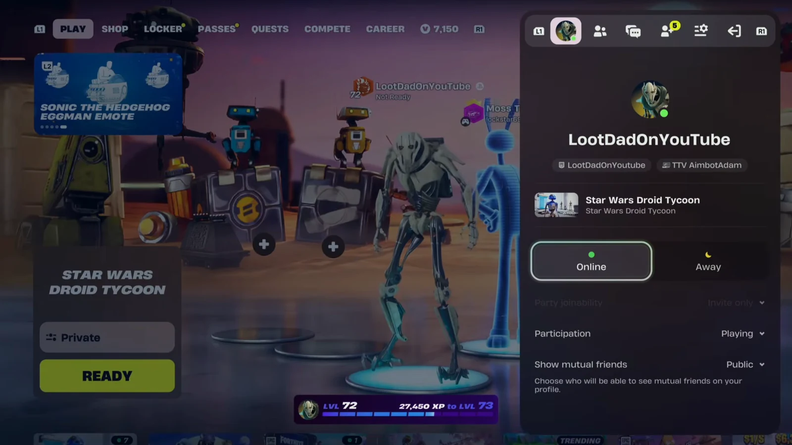 Fortnite social menu open with the player status option highlighted for selection