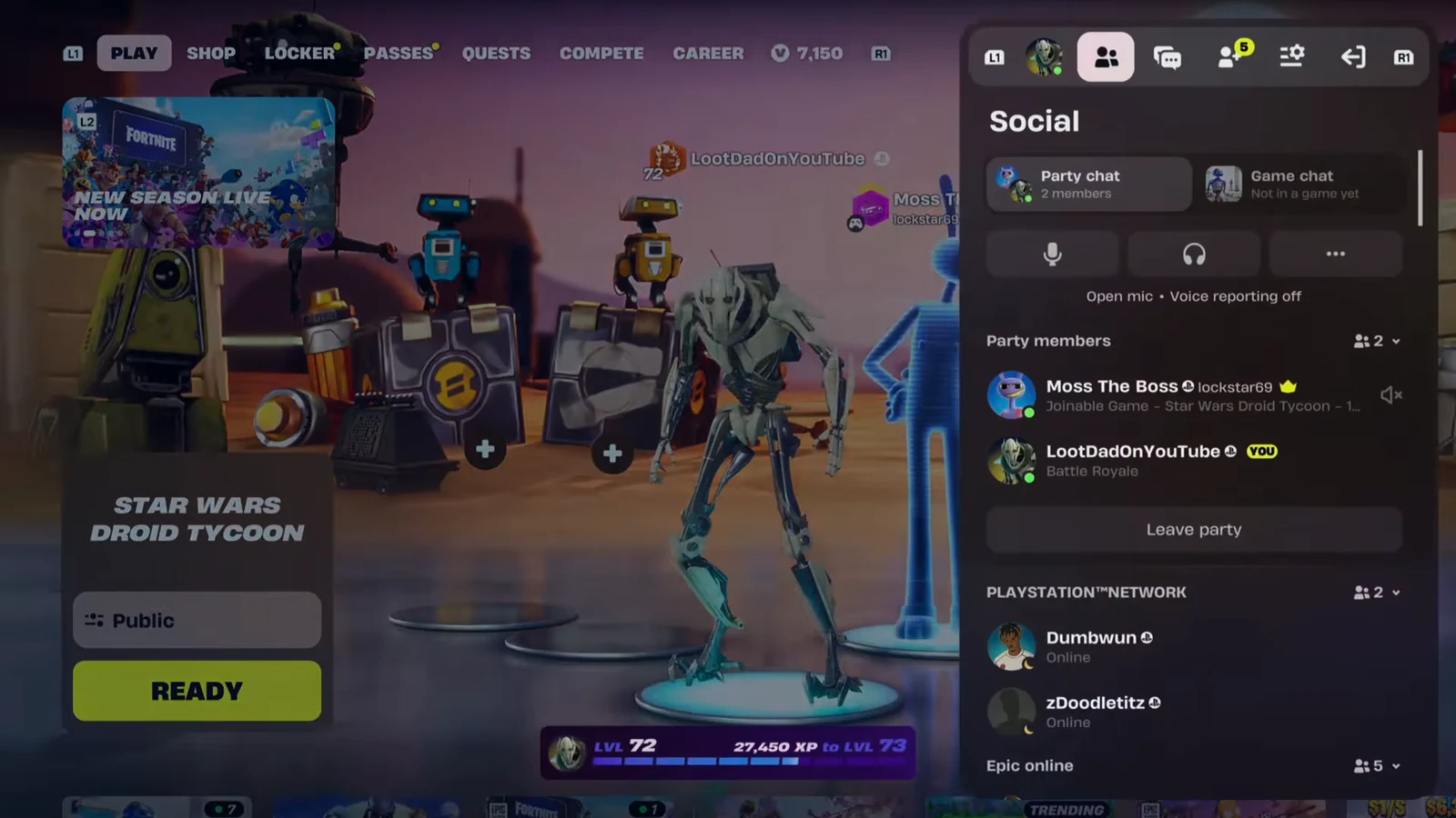 Fortnite Social panel on the Party chat tab showing party members and the Leave party button