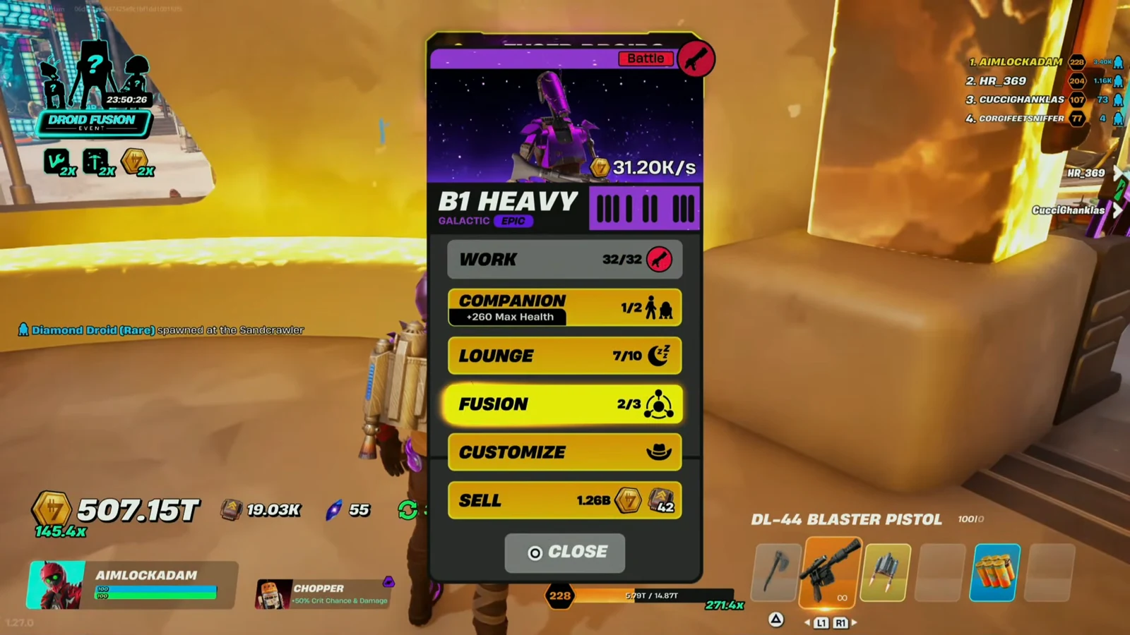 B1 Heavy droid menu with the Fusion option highlighted