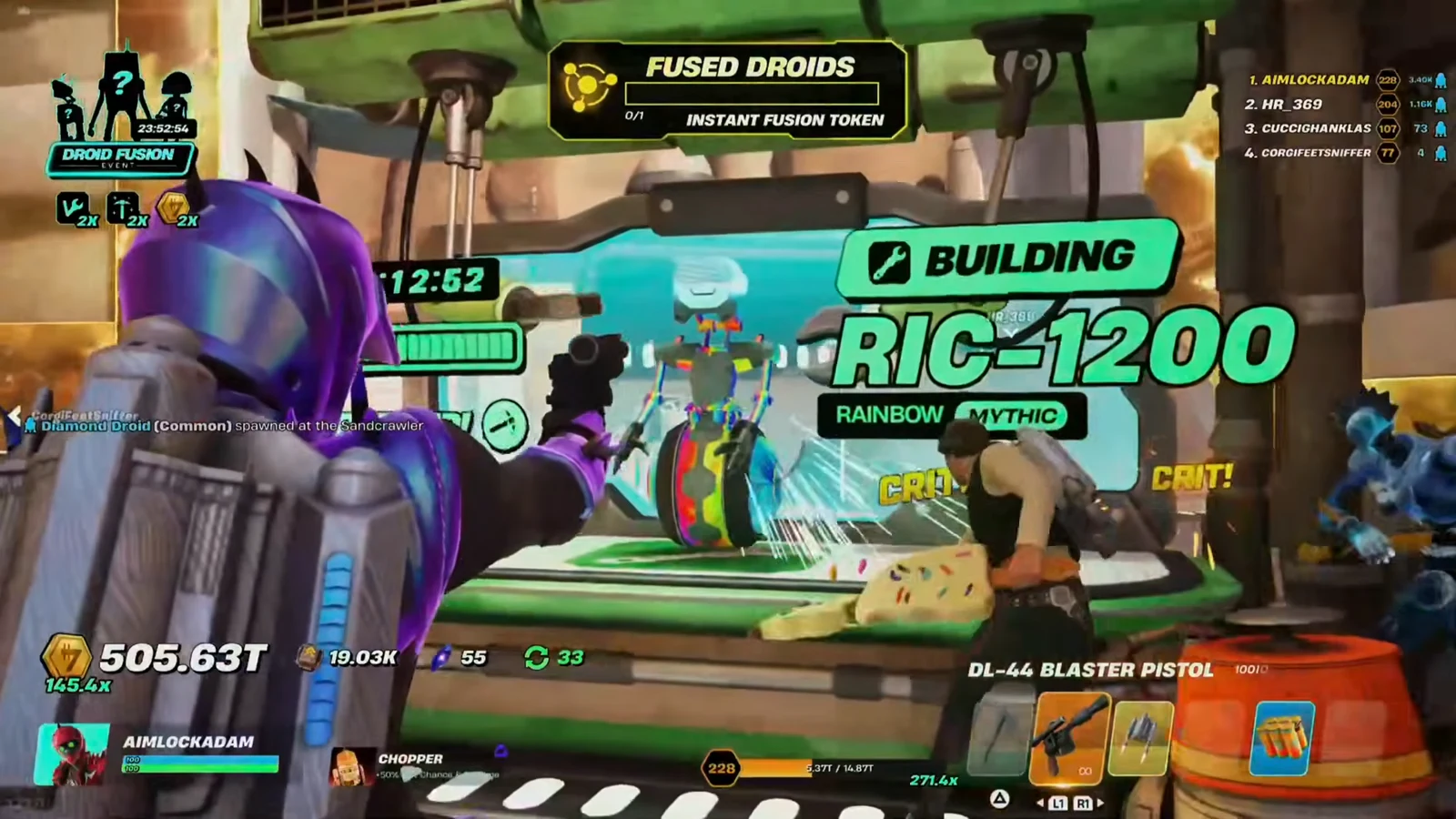 Player firing a DL-44 Blaster Pistol at a RIC-1200 Rainbow Mythic during a crafting fight