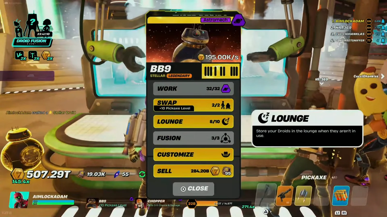 Astromech menu with the Lounge option highlighted for unused droids