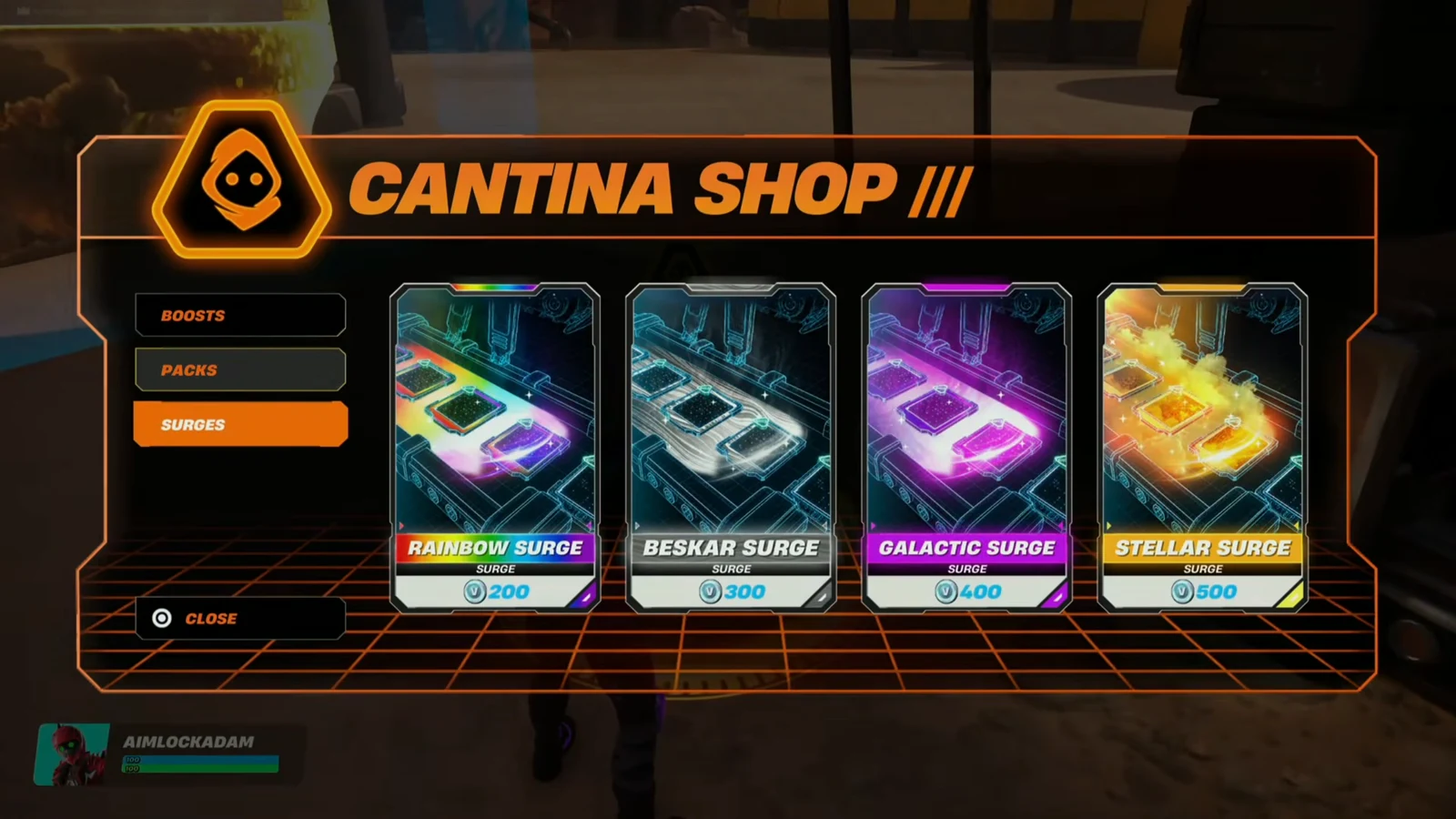 Cantina Shop III Surges tab listing Rainbow, Beskar, Galactic, and Stellar Surge items