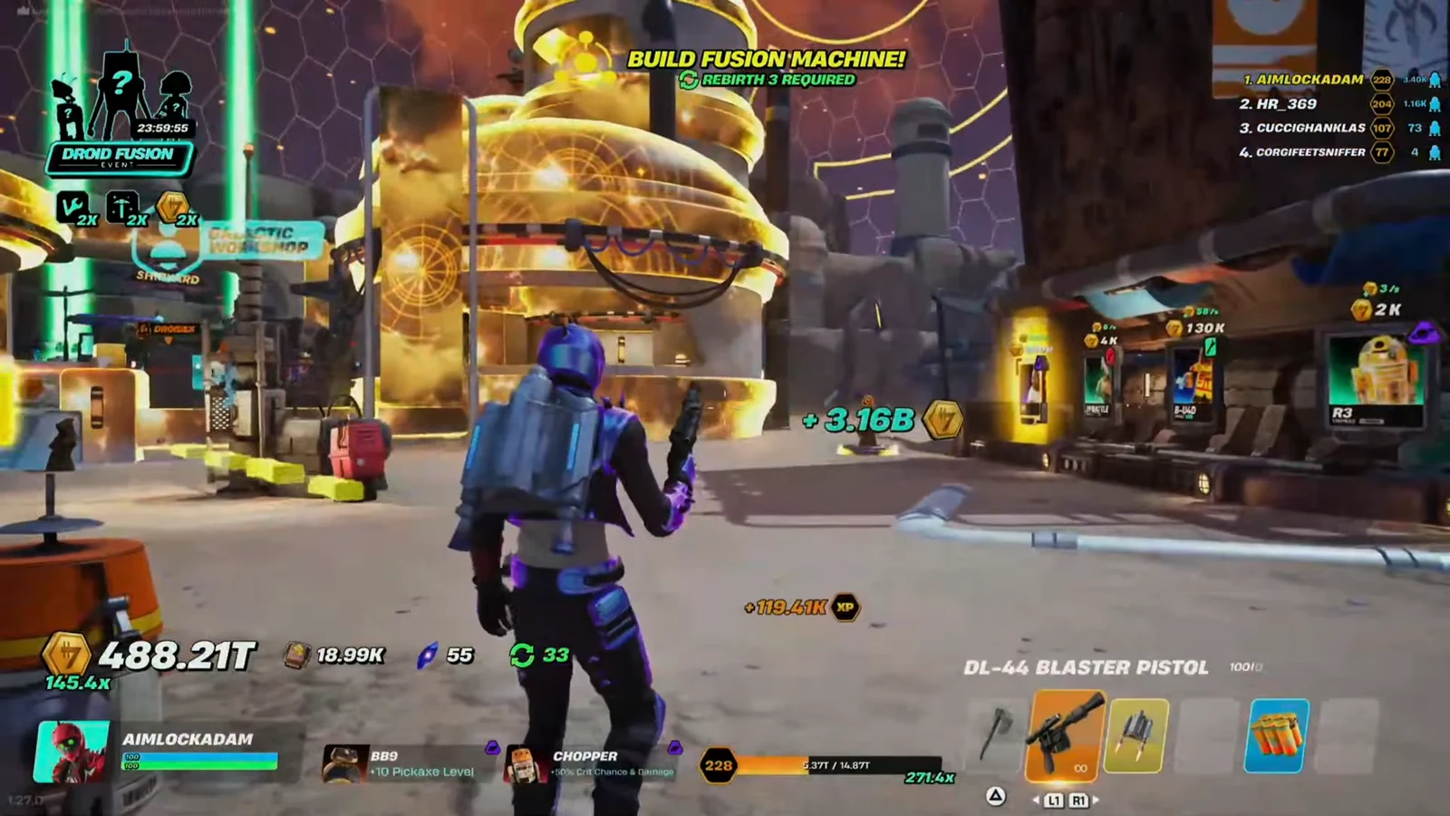 Player walking toward a glowing Fusion Machine in the Droid Tycoon fusion event hub