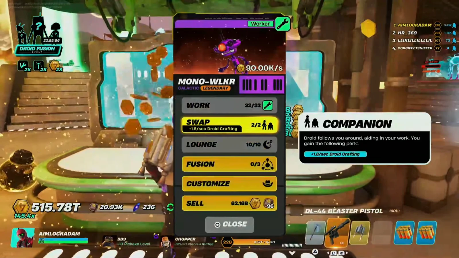 Mono-W1KR companion menu with Swap selected for a droid crafting speed bonus