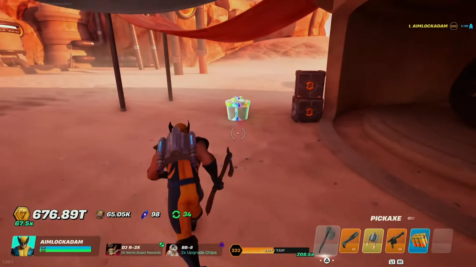 Player approaching a glowing ground crate with the Pickaxe equipped