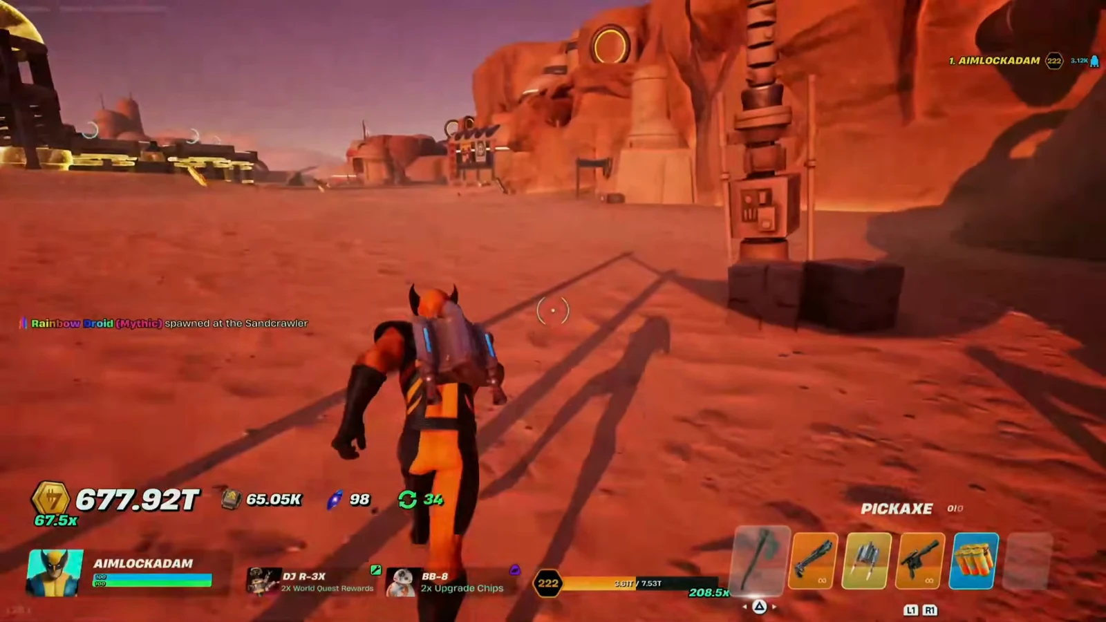 Player with a Pickaxe crossing a desert outpost toward a nearby building