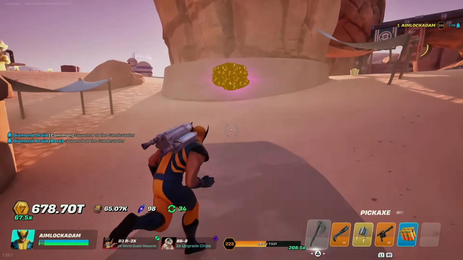 Player aiming a Pickaxe at a glowing gold deposit near the Sandcrawler