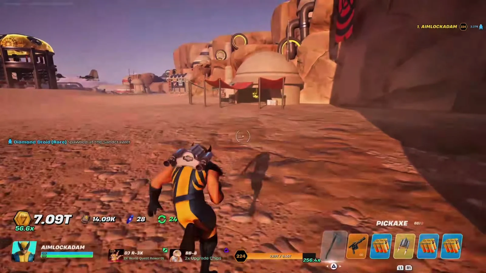 Wolverine skin walking toward the Sandcrawler with the Pickaxe selected