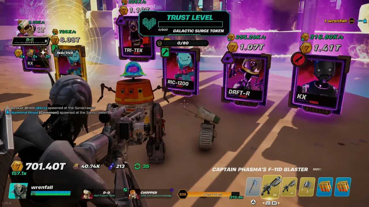 Trust Level panel showing Galactic Surge Token progress counting toward 600