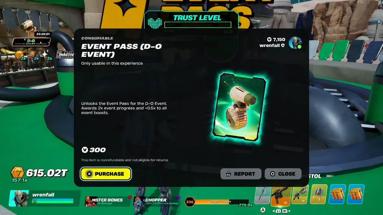Event Pass purchase screen for the D-O Event with the Purchase button highlighted