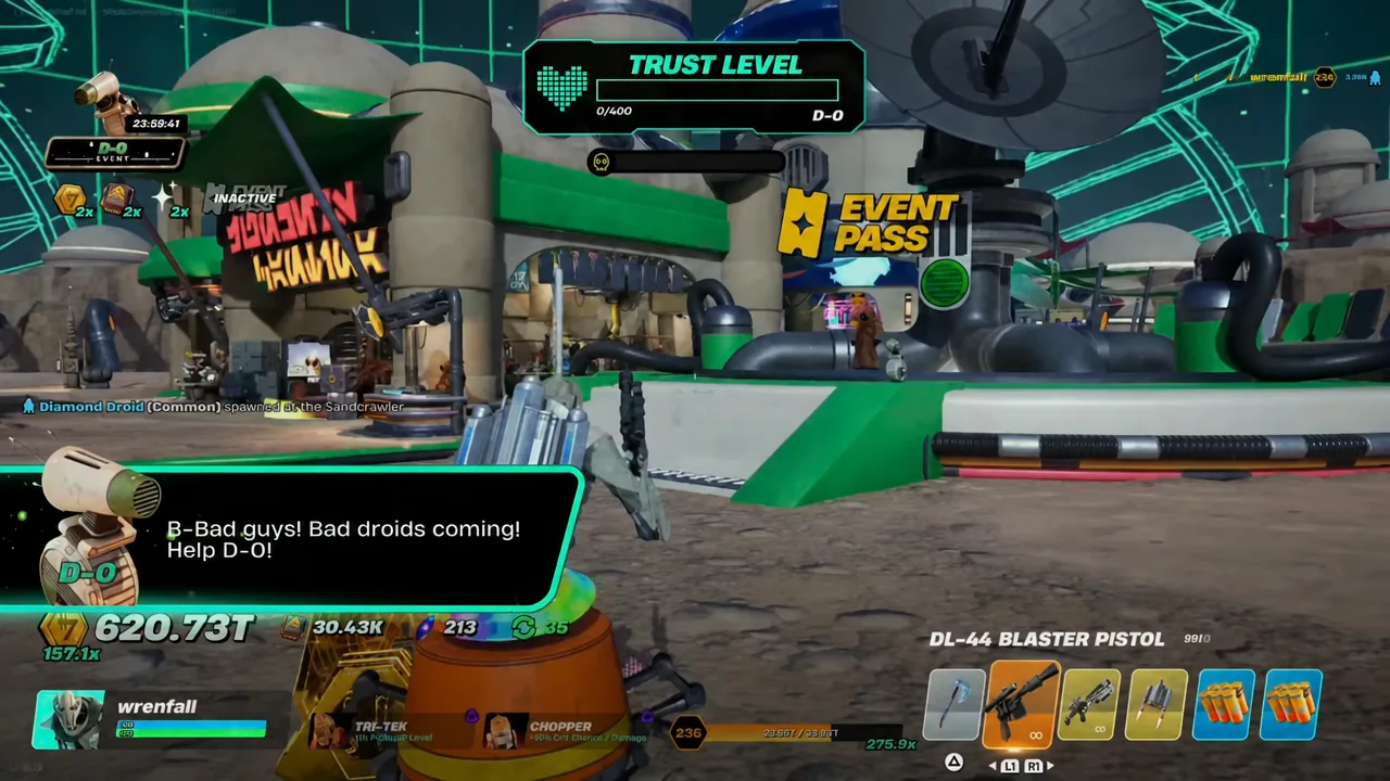 Trust Level meter sitting at 0 of 400 as the D-O Event combat phase begins