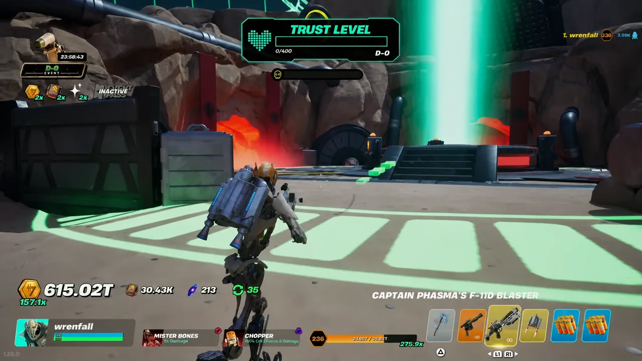 Captain Phasma's blaster selected in the weapon bar while the Trust Level meter fills during the defense