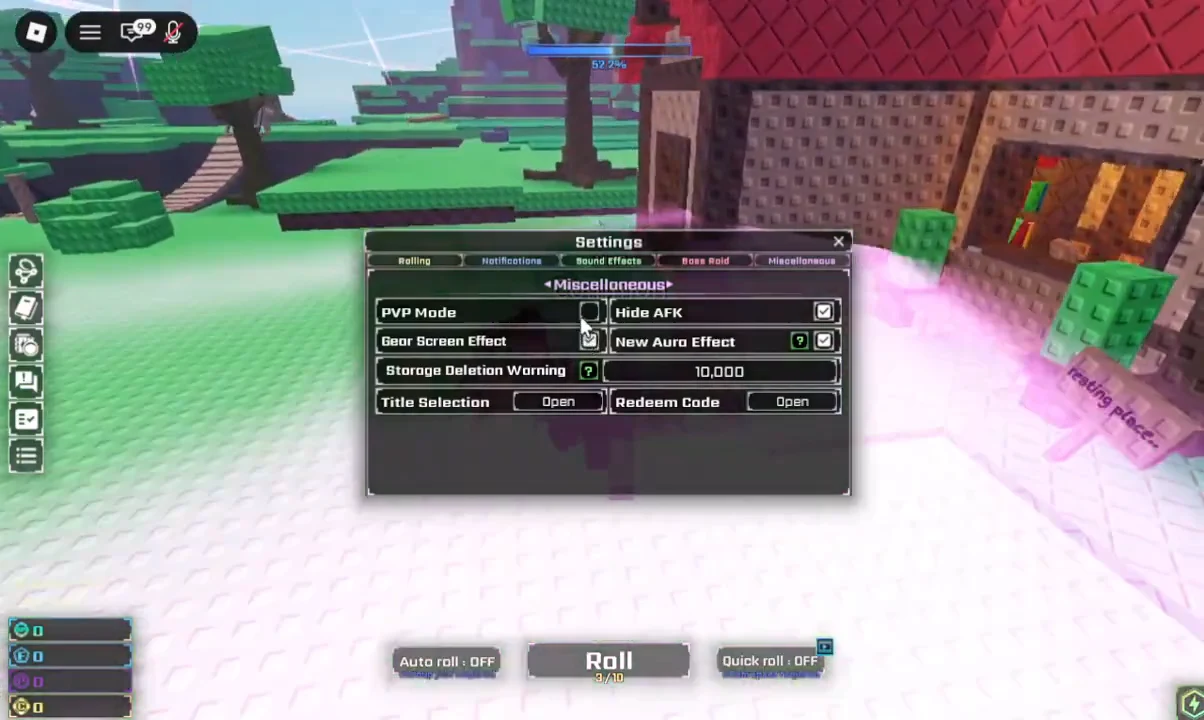 Miscellaneous tab in Sol's RNG settings showing PVP Mode, Hide AFK, and other toggles