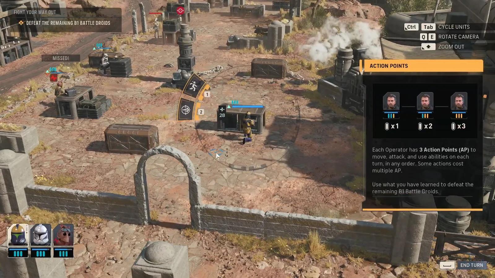 Action Points tutorial panel open with a squad unit selected mid-turn
