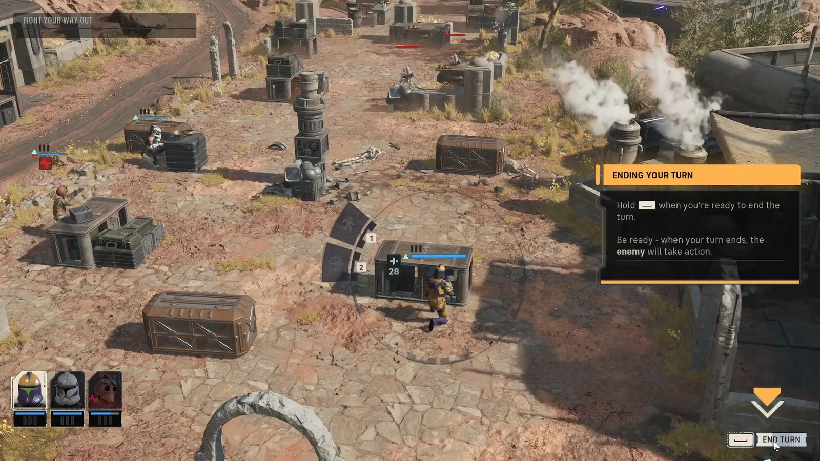 Tactical combat screen highlighting the End Turn button during a mission