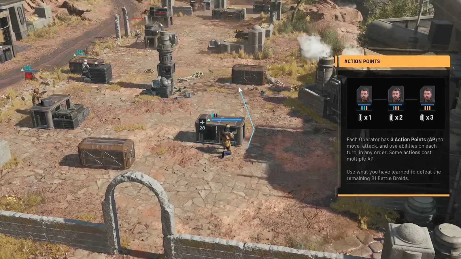 Operator following a blue movement path toward a target with the Action Points panel open