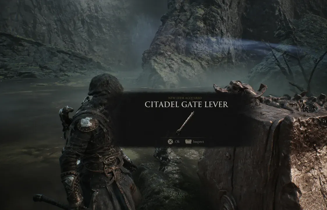 New Item Acquired popup awarding the Citadel Gate Lever after the boss fight